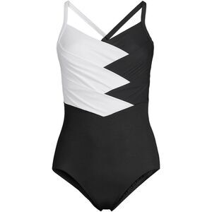 Land's End slender 1 piece swimsuit pleated X back soft swimsuit black white Var